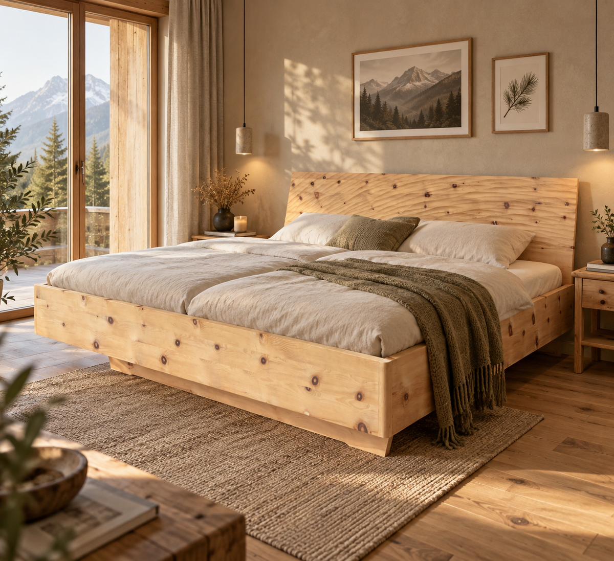 Zirbenholzbett mit Design-Kopfteil