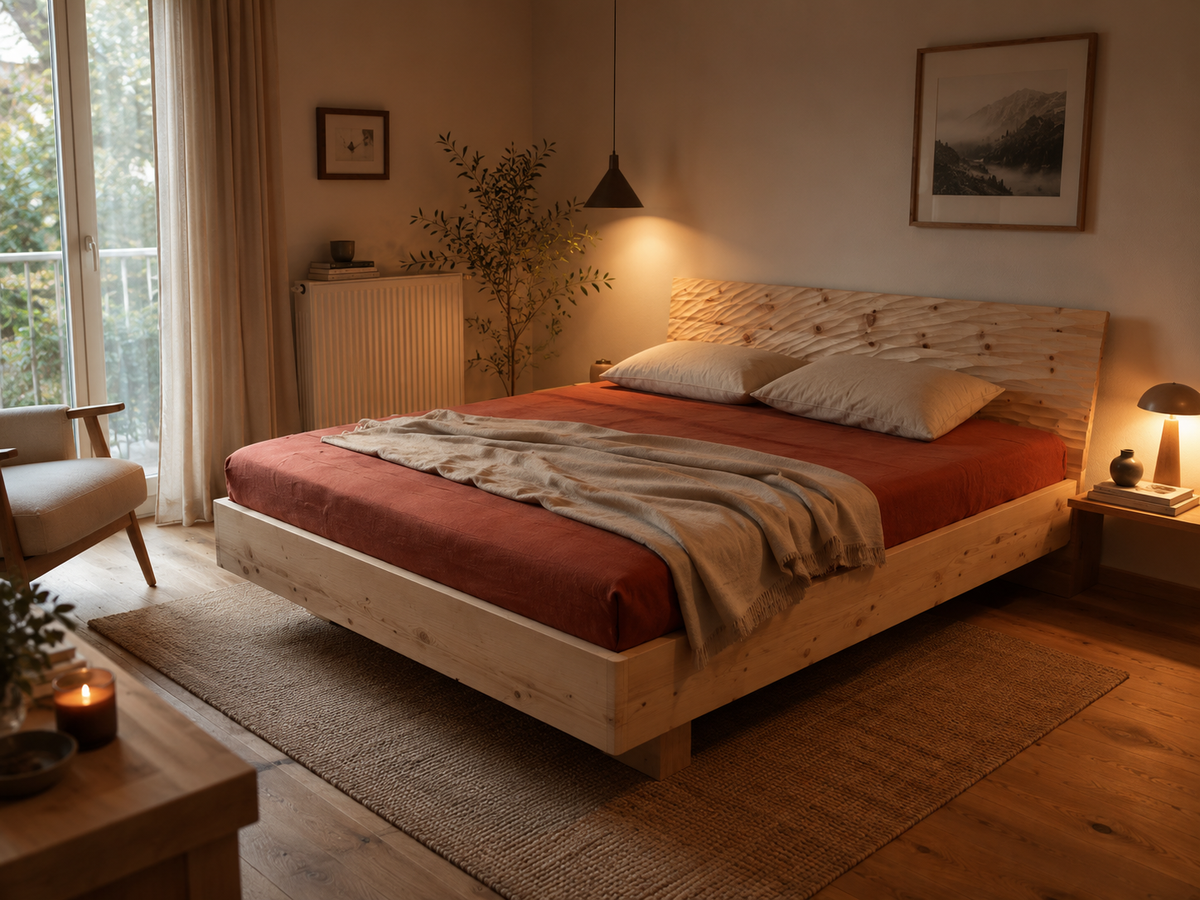 Zirbenholzbett mit dreidimensionalem Kopfteil in einem ruhigen Schlafzimmer