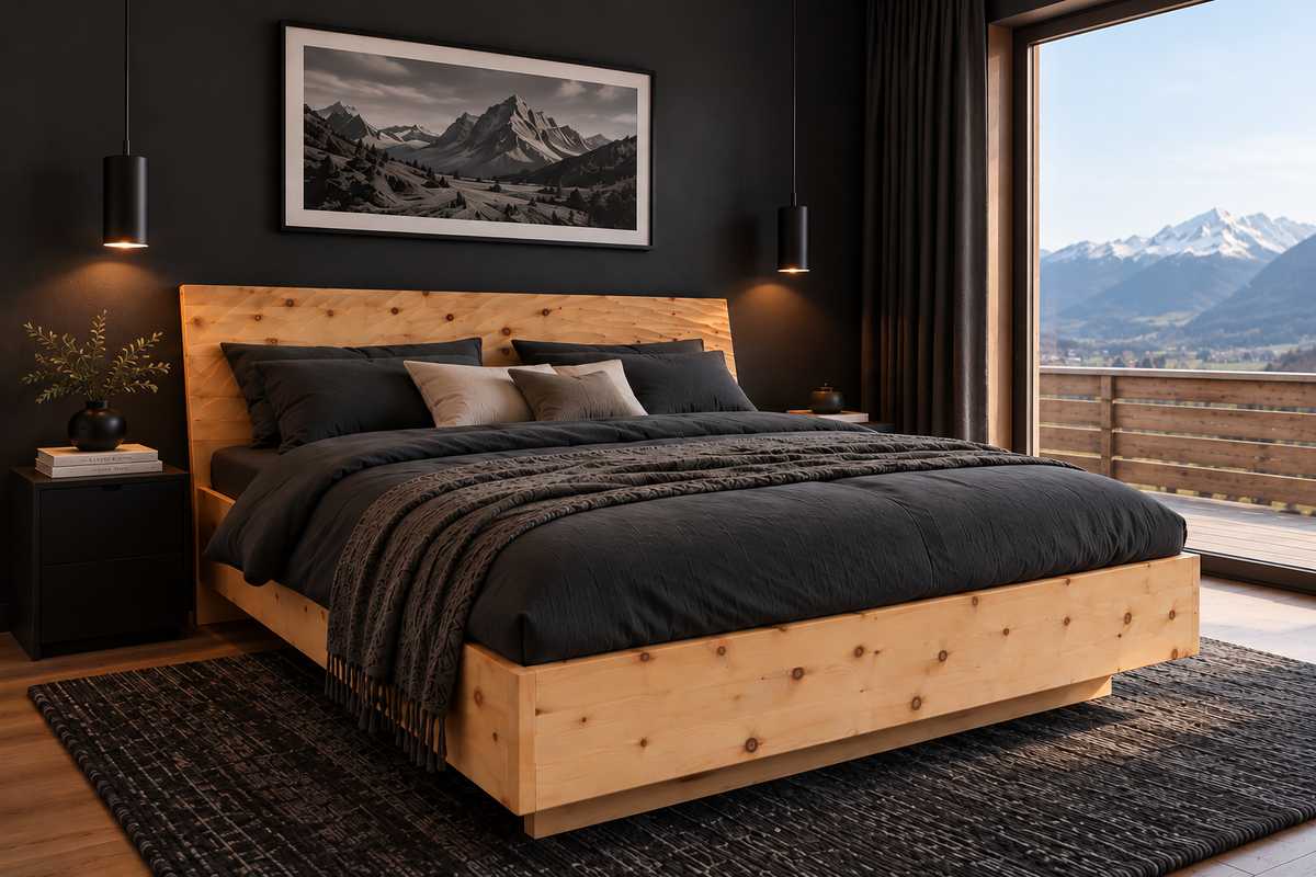 Zirbenbett in einem ruhigen Schlafzimmer