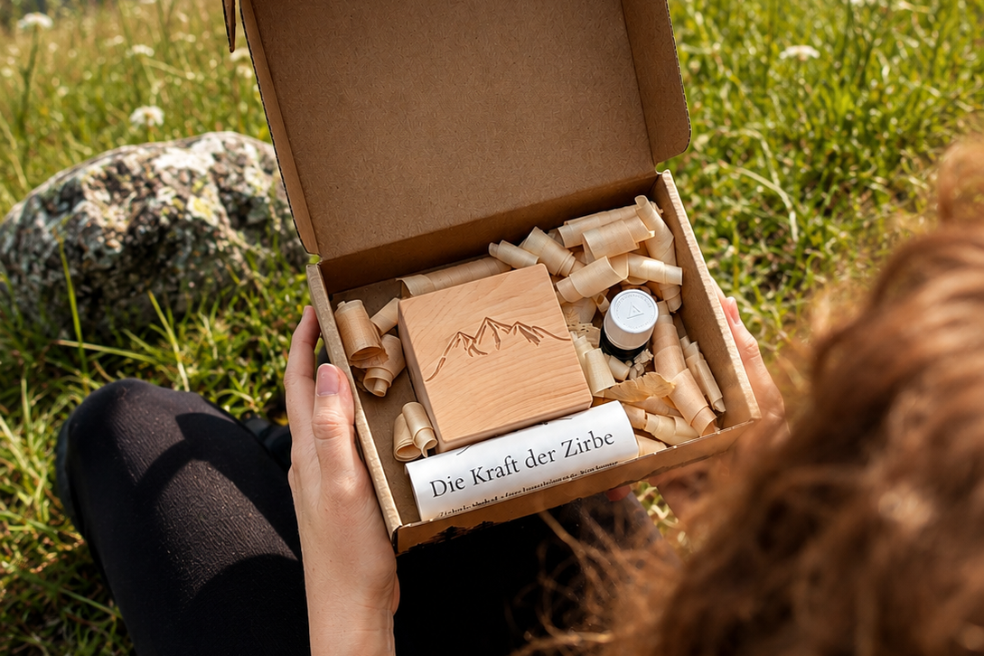 Zirbenwürfel und Verpackung als Geschenk in den Händen gehalten