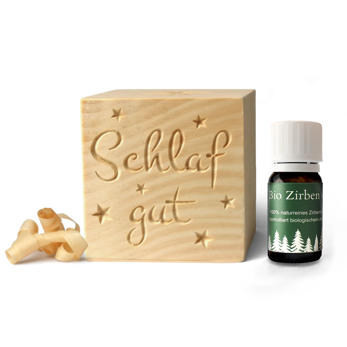 Schlaf-Gut Zirbenwürfel-Set mit Bio-Zirbenöl und Holzspänen