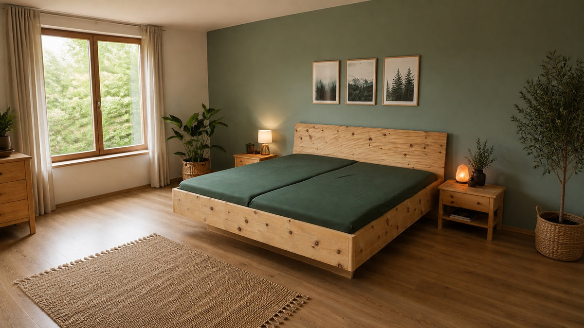 Massives Zirbenholzbett mit Design-Kopfteil