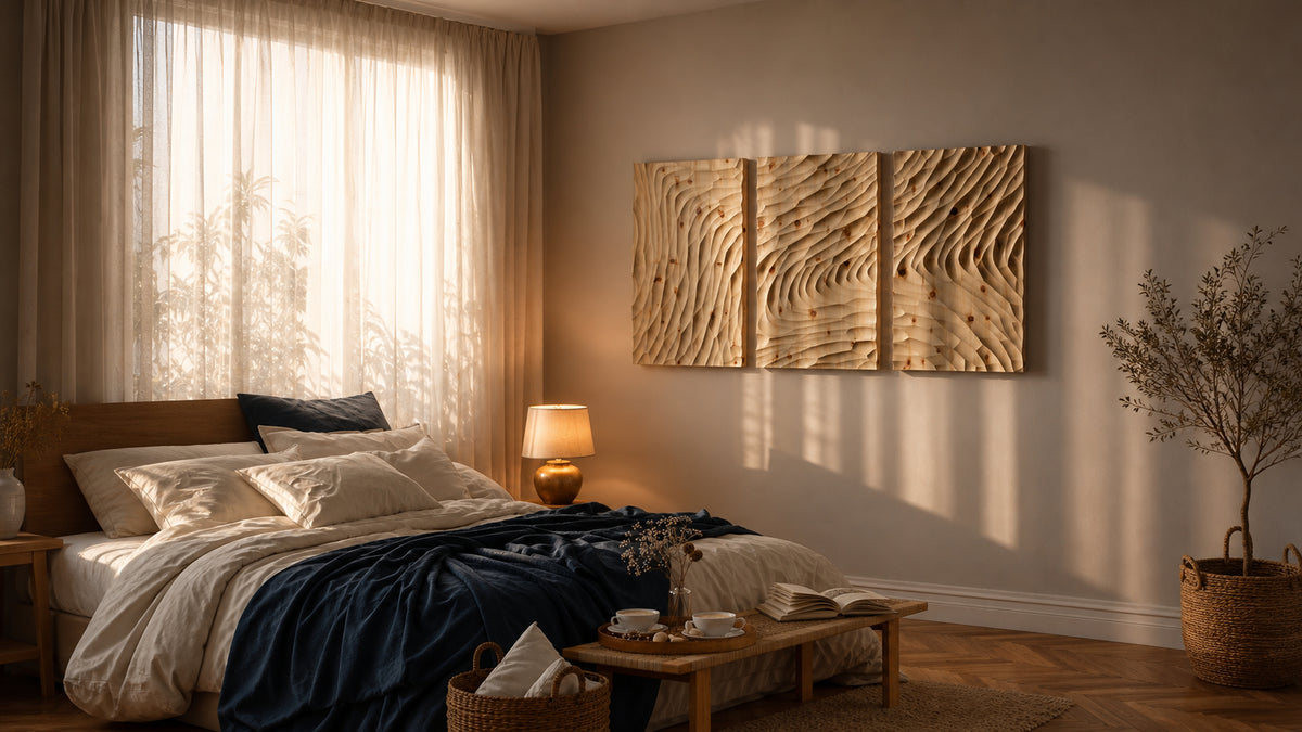 Zirbenpaneel Element 3 über einem Sofa im Wohnzimmer