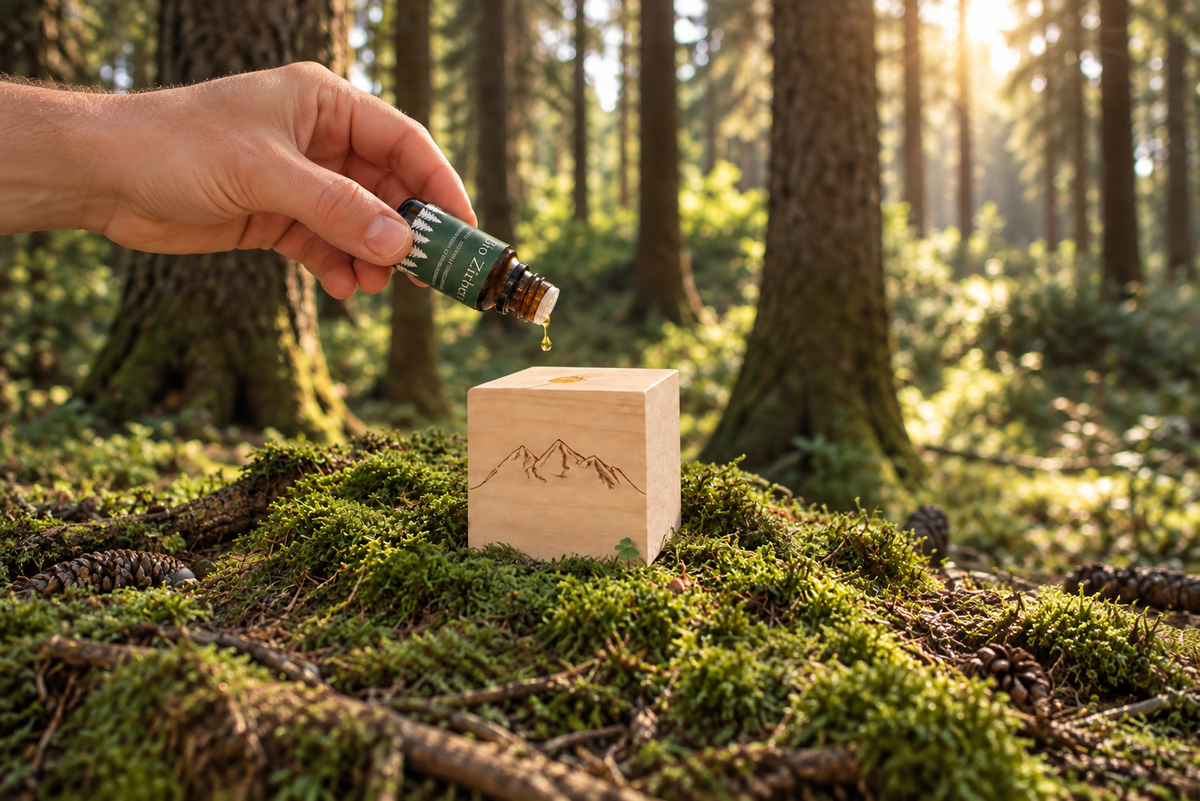 Bio-Zirbenöl tropft auf einen Alpen-Zirbenwürfel im Wald