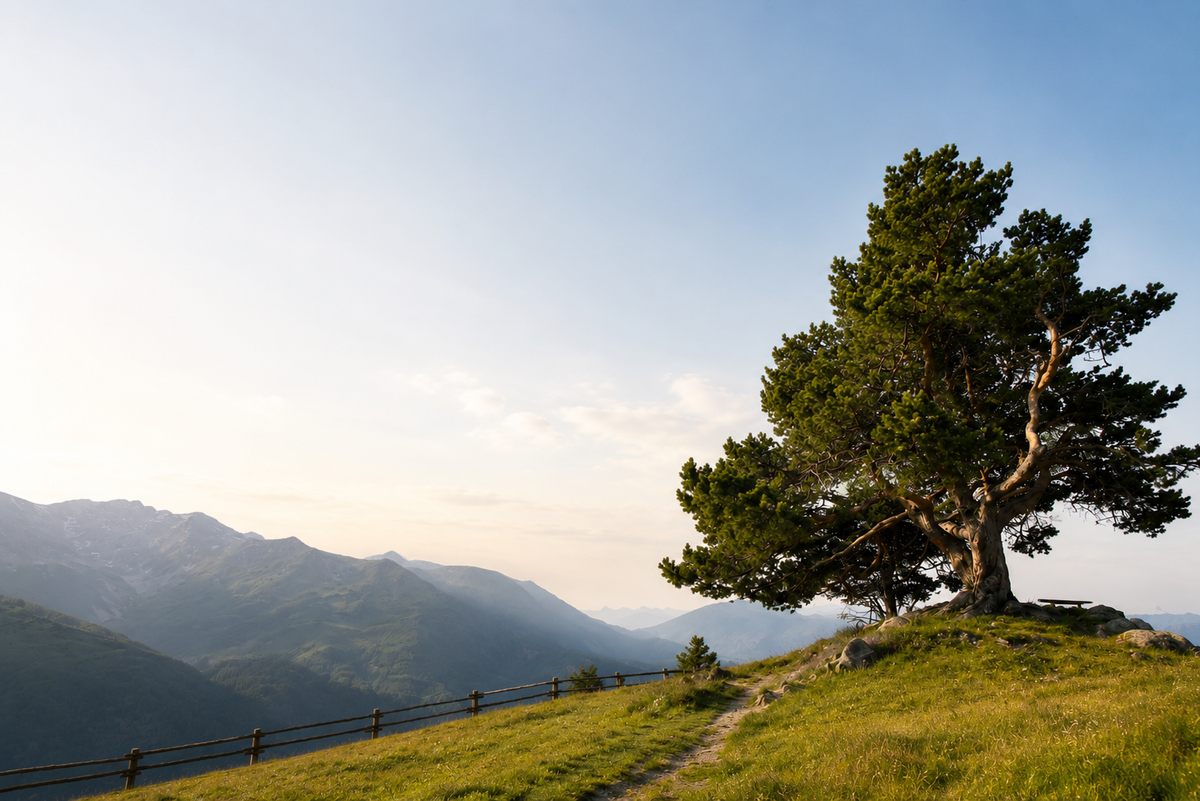 Einzelner Zirbenbaum vor blauem Himmel