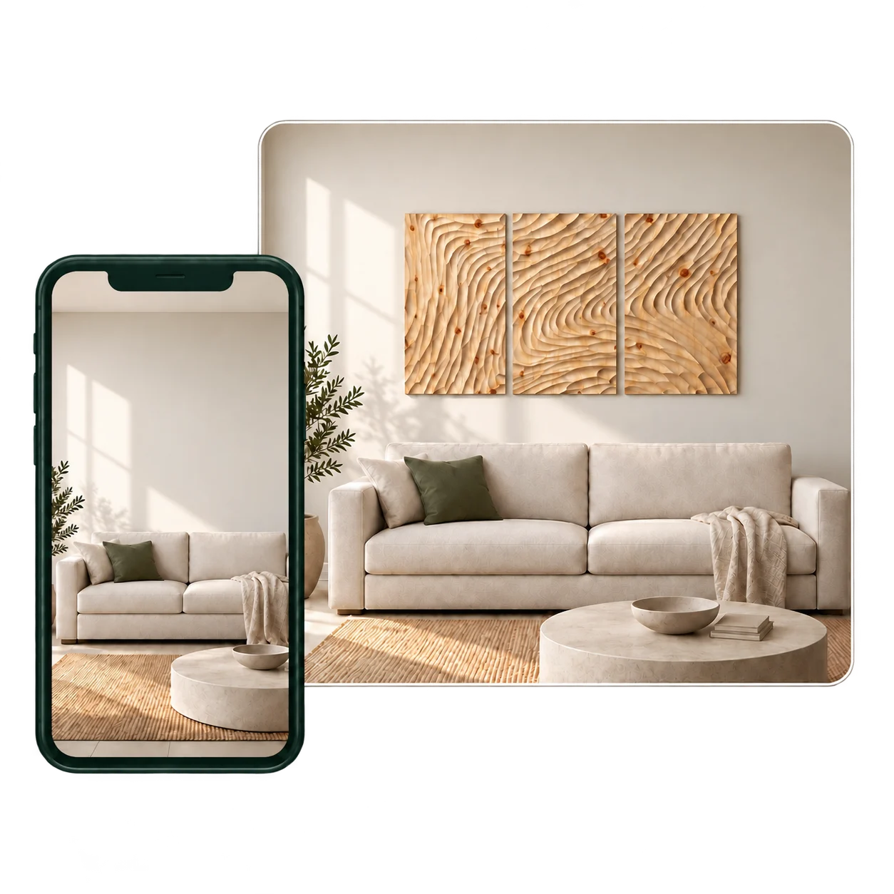 Raumfoto auf dem Smartphone und Vorschau desselben Raums mit Zirbenpaneelen über dem Sofa.