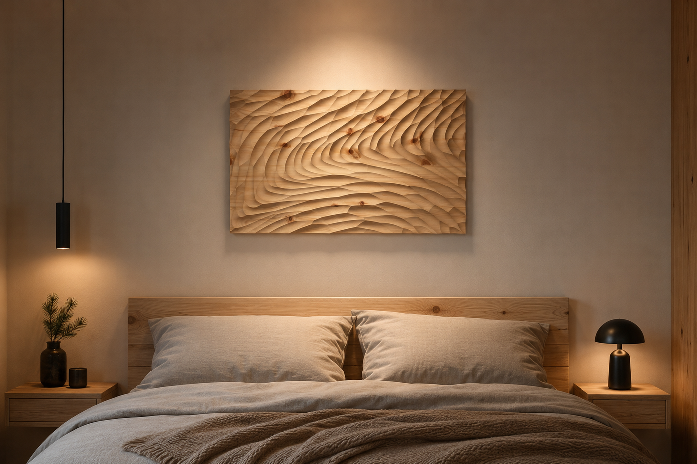 Zirbenpaneel Element 2 über einem Bett im Schlafzimmer