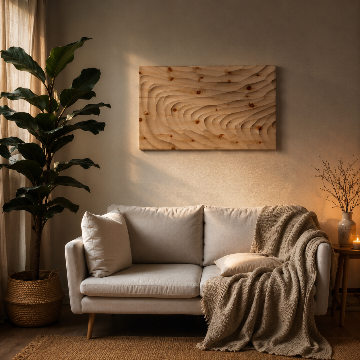 Zirbenpaneel Element 3 über einem Sofa im Wohnzimmer