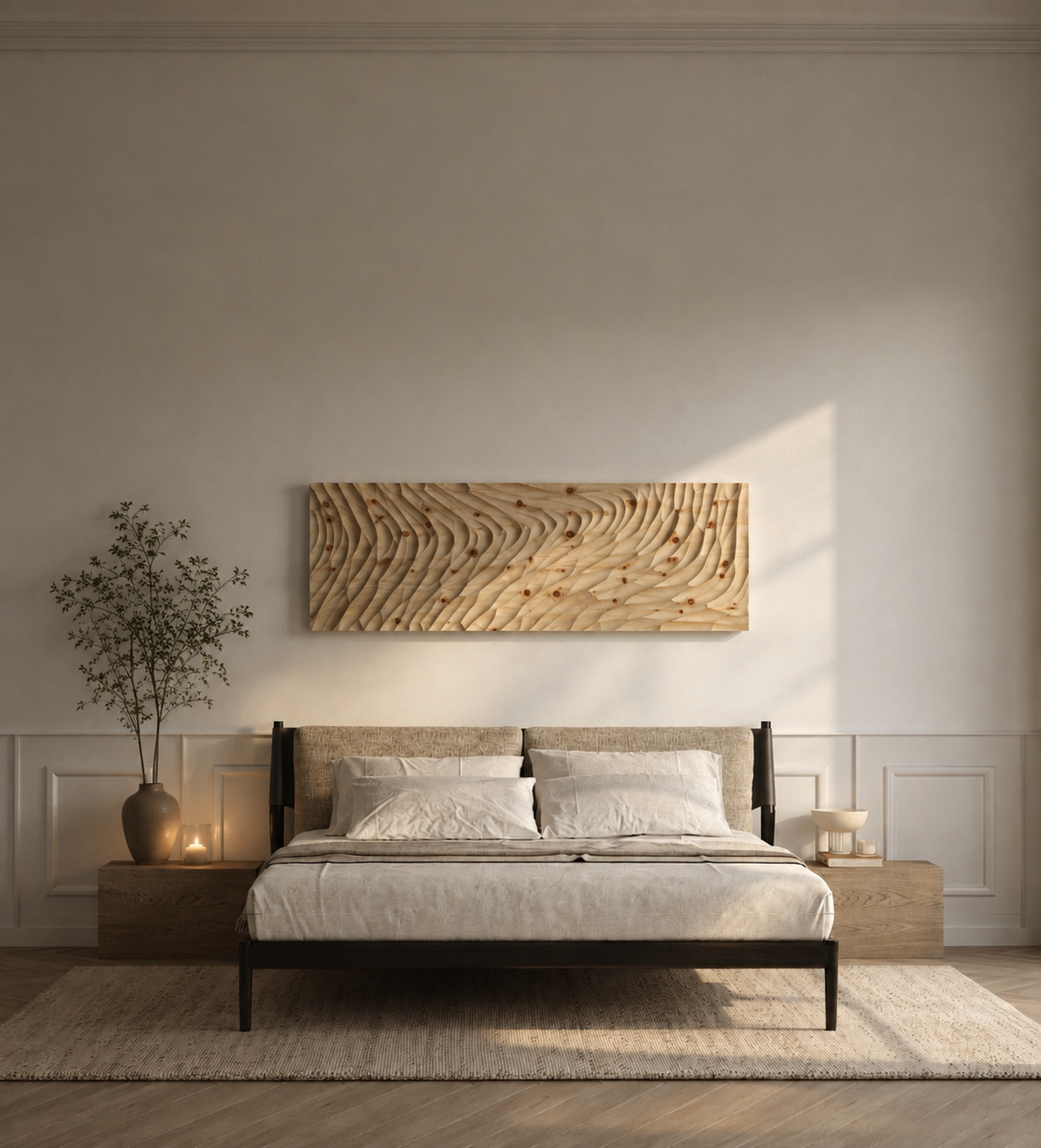 Zirbenpaneel XXL über einem Bett im Schlafzimmer